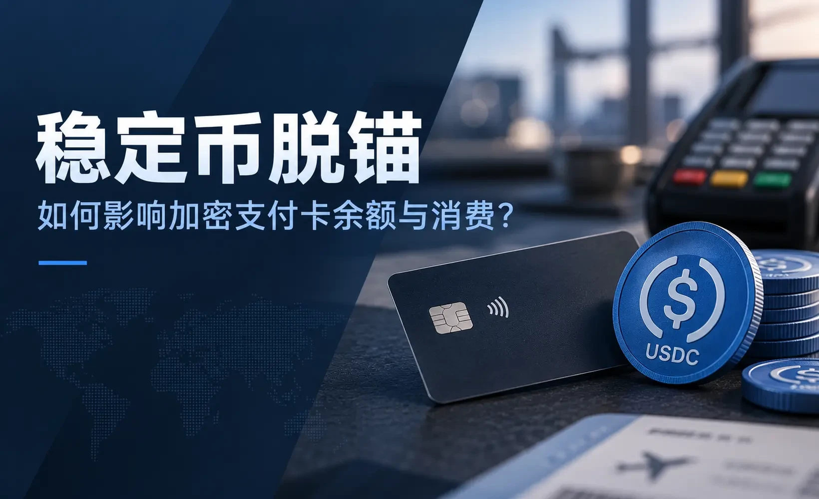USDC 稳定币价格下跌曲线与加密支付卡示意图，展示稳定币脱锚对消费购买力的影响