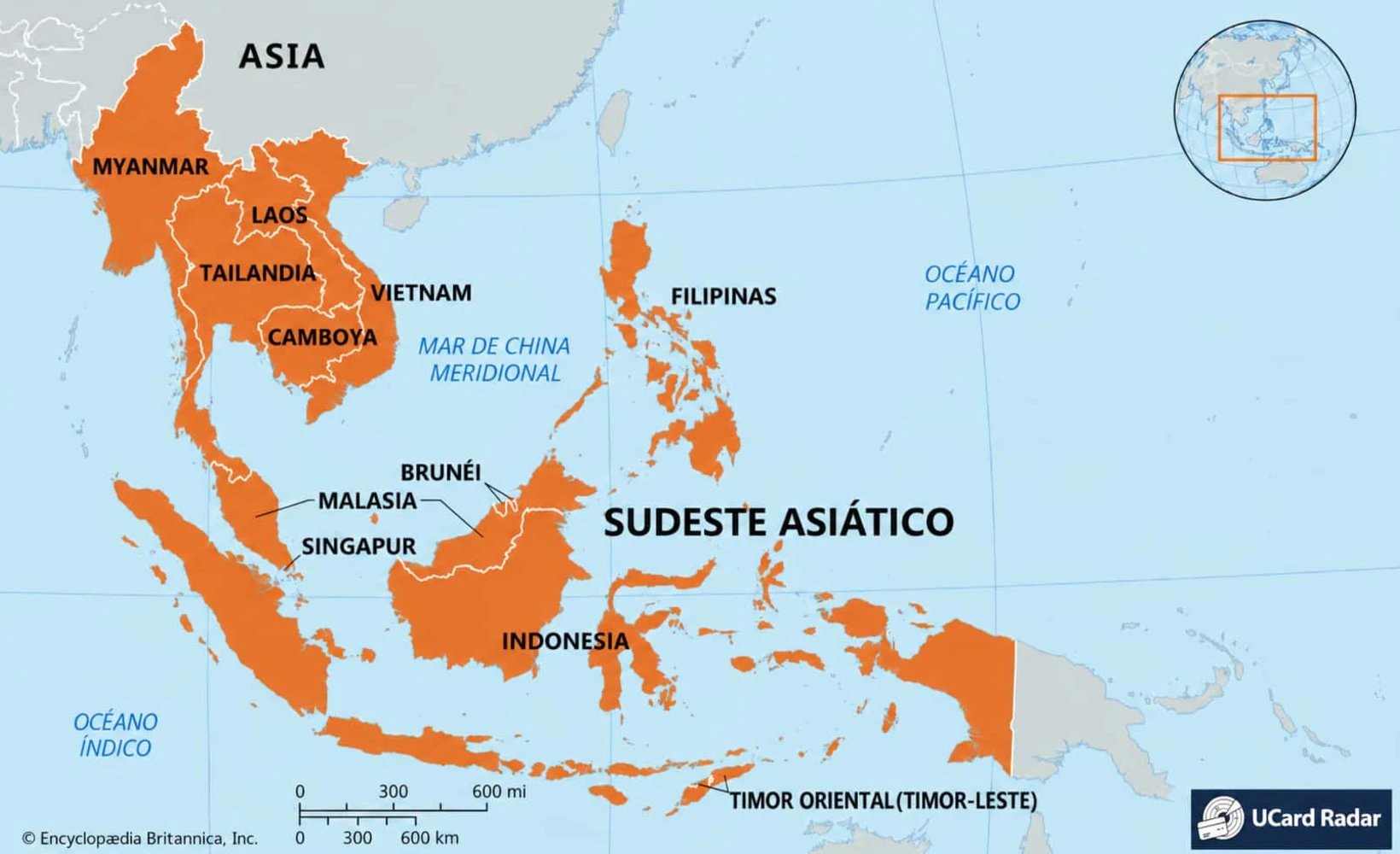 Mapa del Sudeste Asiático con iconos de tarjetas de pago cripto