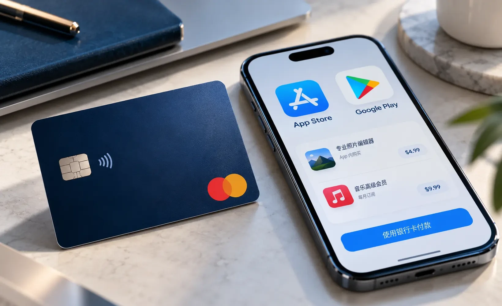 深蓝色加密支付卡与智能手机,展示 App Store 和 Google Play 应用商店付款场景