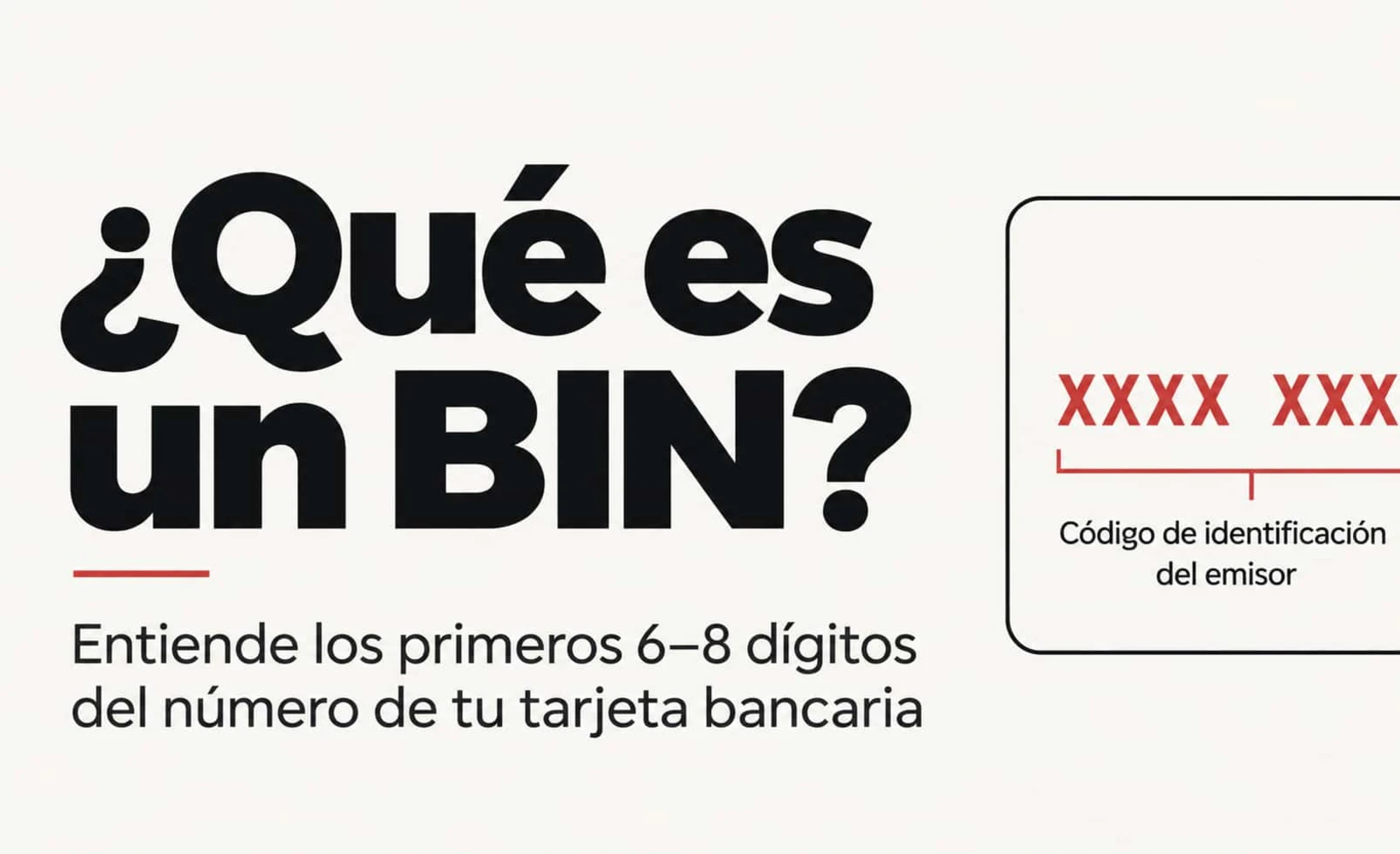 Diagrama de la estructura de un número de tarjeta bancaria, con el BIN del emisor, los dígitos definidos por el emisor y el dígito de control