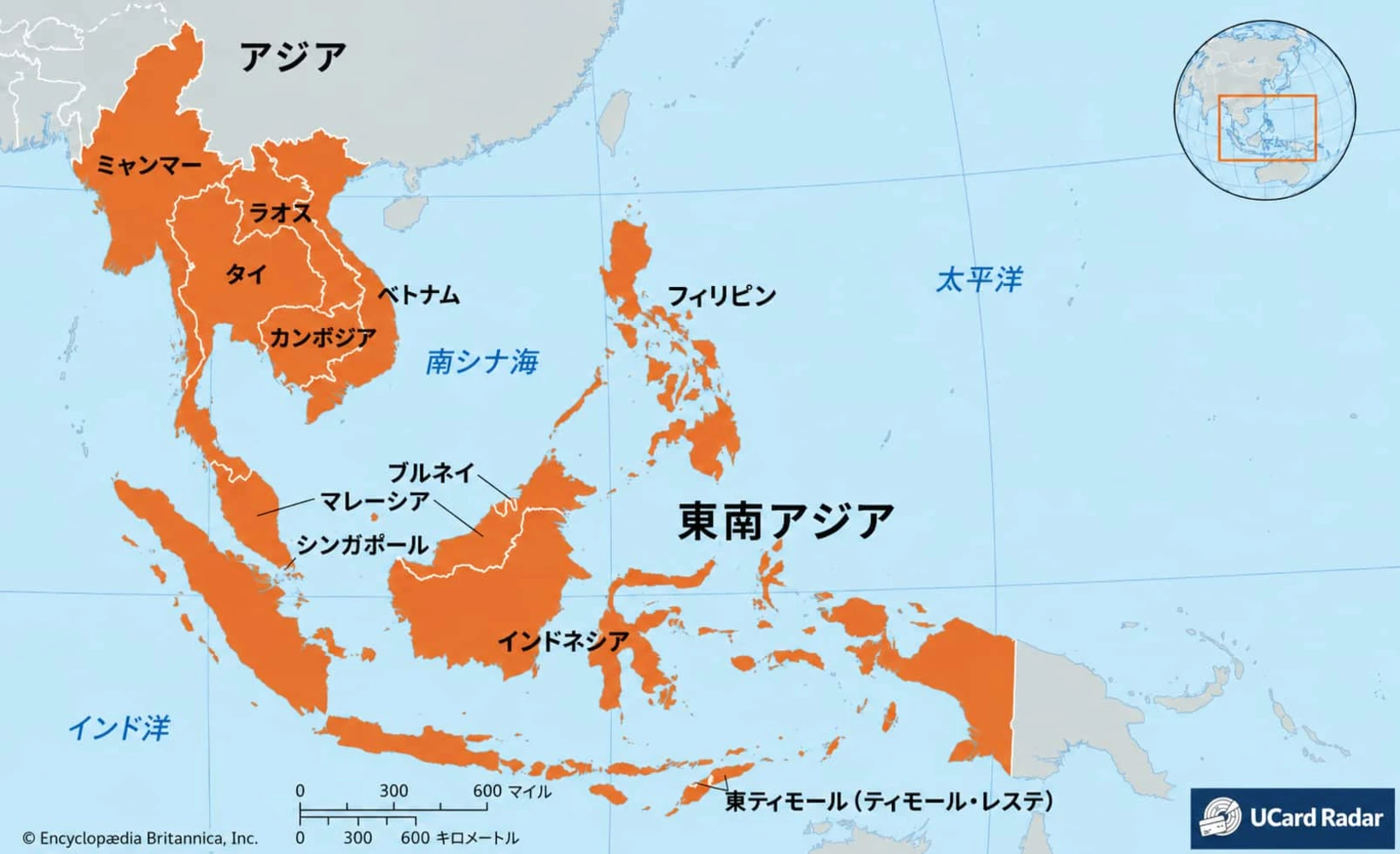 東南アジアの地図と暗号資産決済カードのアイコン