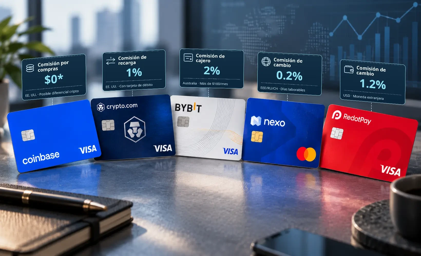 Comparación de comisiones de tarjetas cripto en 2026, con tarjetas de pago de Coinbase, Crypto.com, Bybit, Nexo y RedotPay.