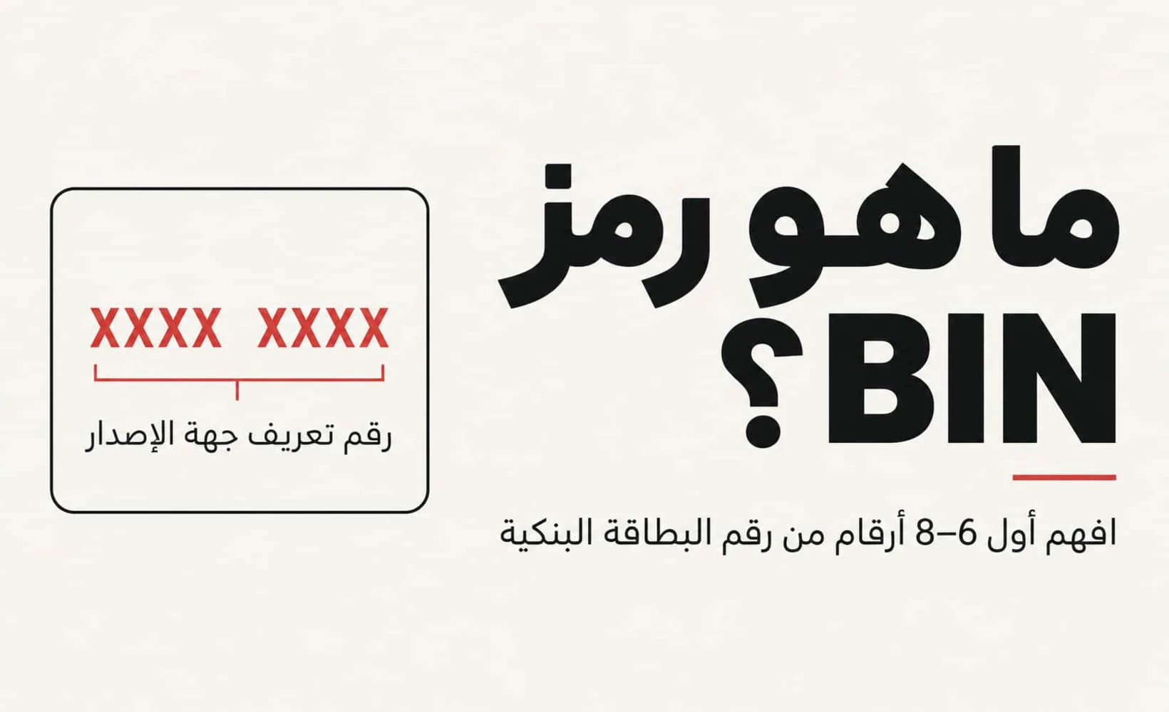 رسم توضيحي لبنية رقم البطاقة المصرفية يوضح BIN الخاص بجهة الإصدار، والأرقام التي تحددها جهة الإصدار، ورقم التحقق