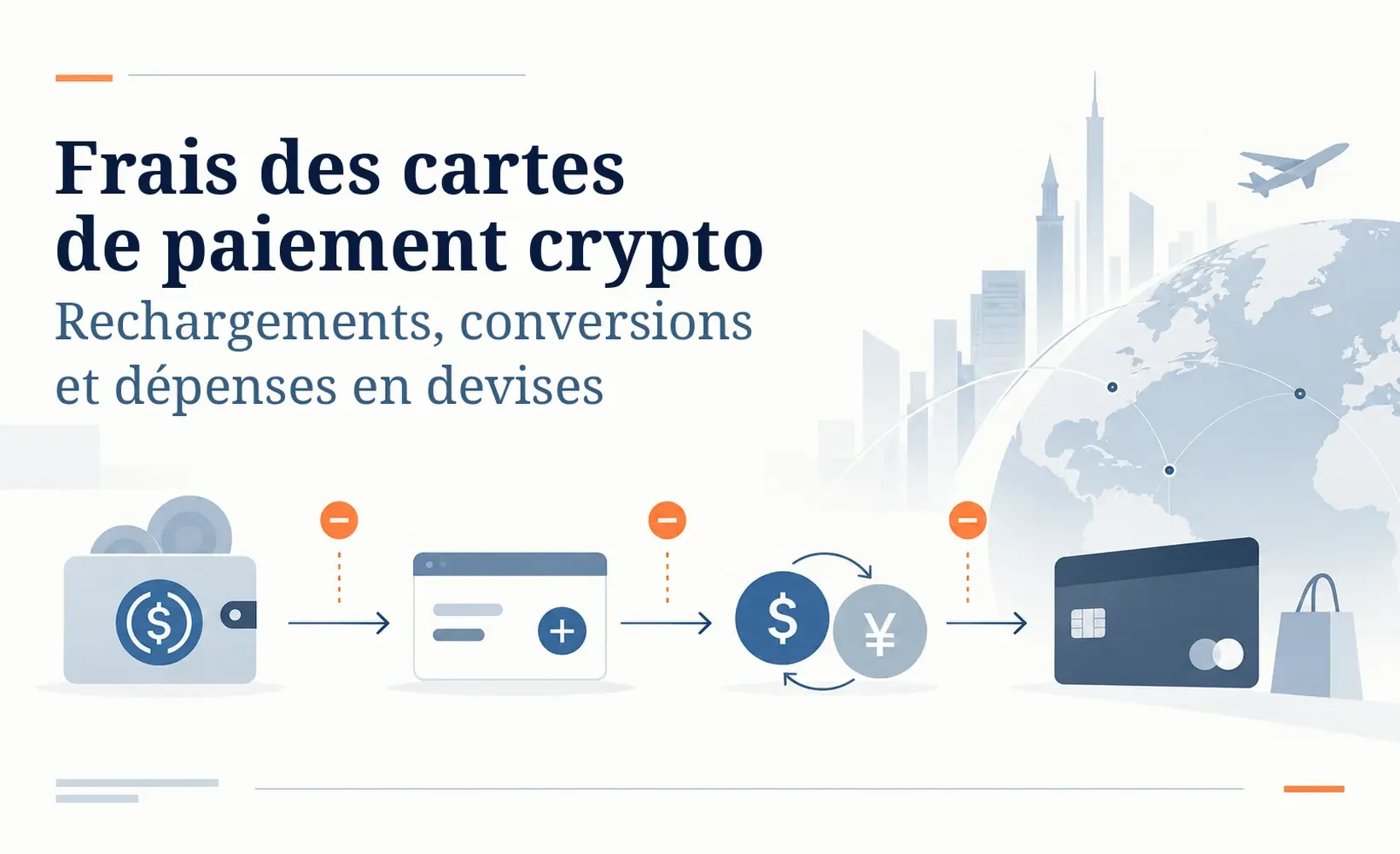 Illustration des frais d'une carte de paiement crypto, montrant les coûts du rechargement en stablecoins, de la conversion et des achats par carte.