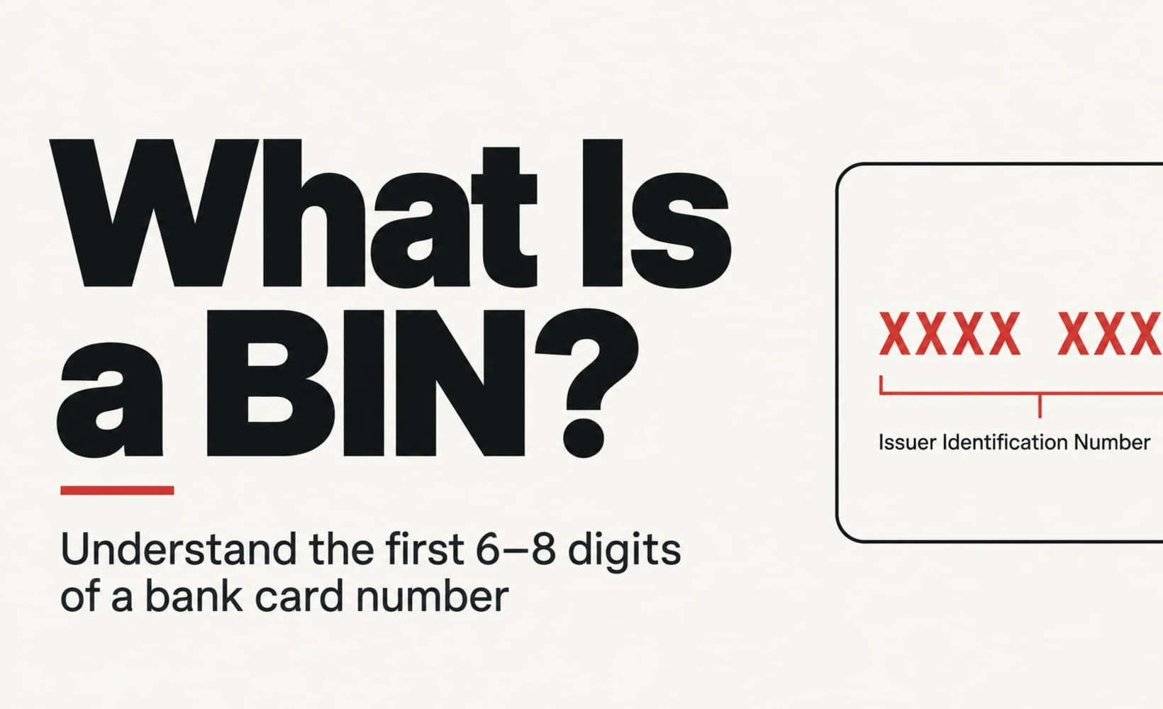 Diagram of a bank card number structure showing the BIN issuer identification number, issuer-defined digits, and check digit