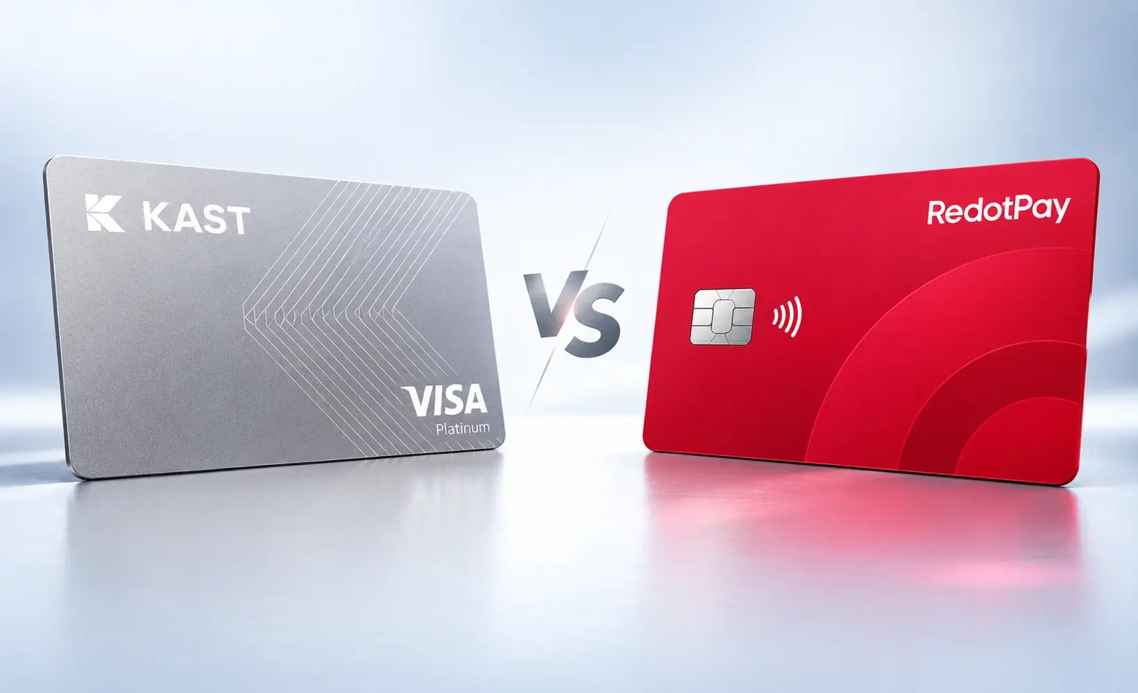 Tarjeta KAST Standard plateada y gris junto a una tarjeta física RedotPay roja, con el símbolo «VS» entre ambas