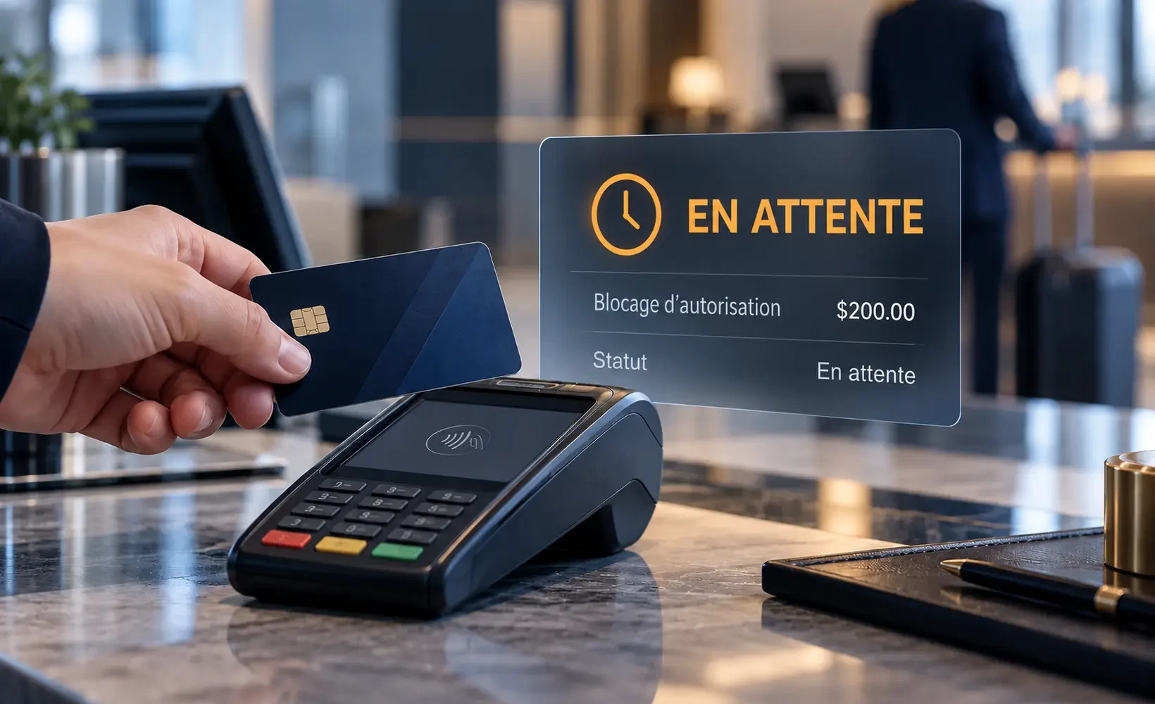 Terminal de paiement par carte crypto affichant une transaction au statut Pending et le montant bloqué lors de l'autorisation