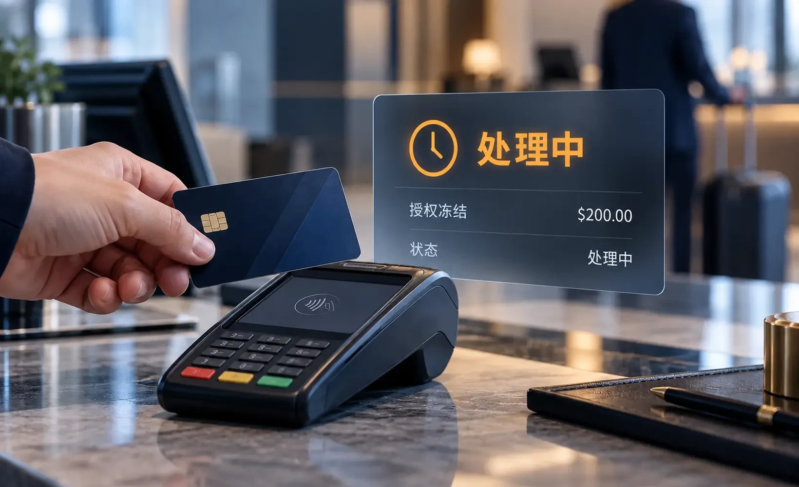 加密支付卡靠近支付终端,交易面板显示 Pending 状态及授权冻结金额