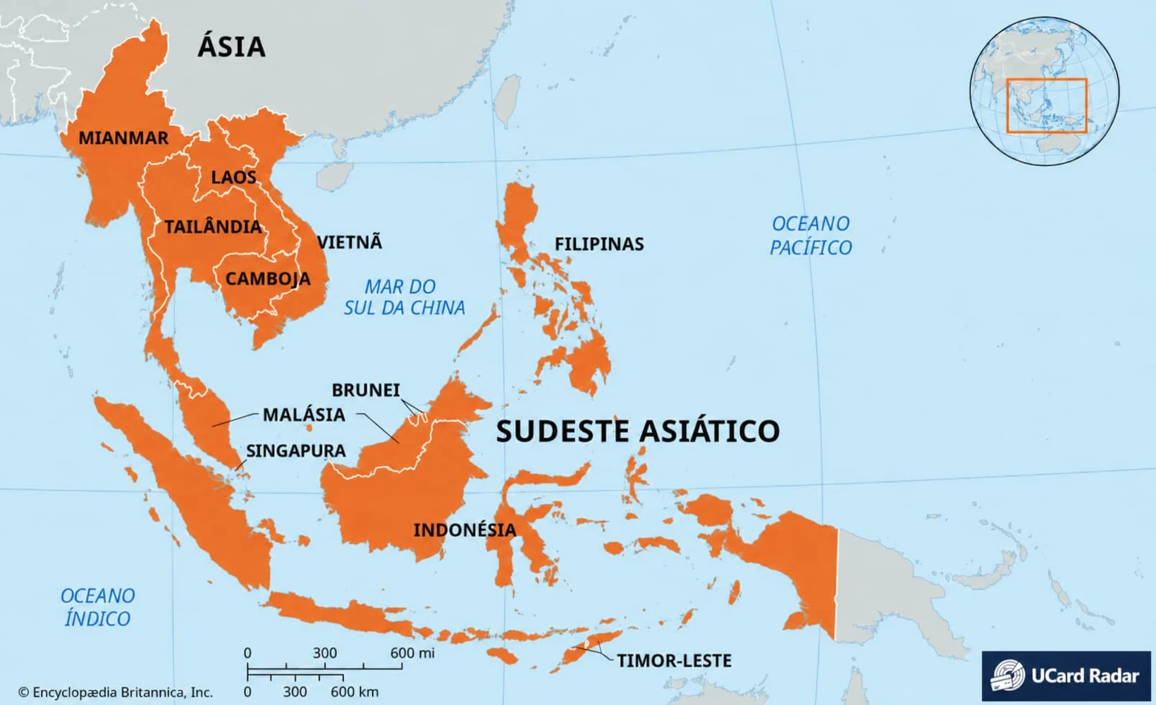 Mapa do Sudeste Asiático com ícones de cartões de pagamento cripto