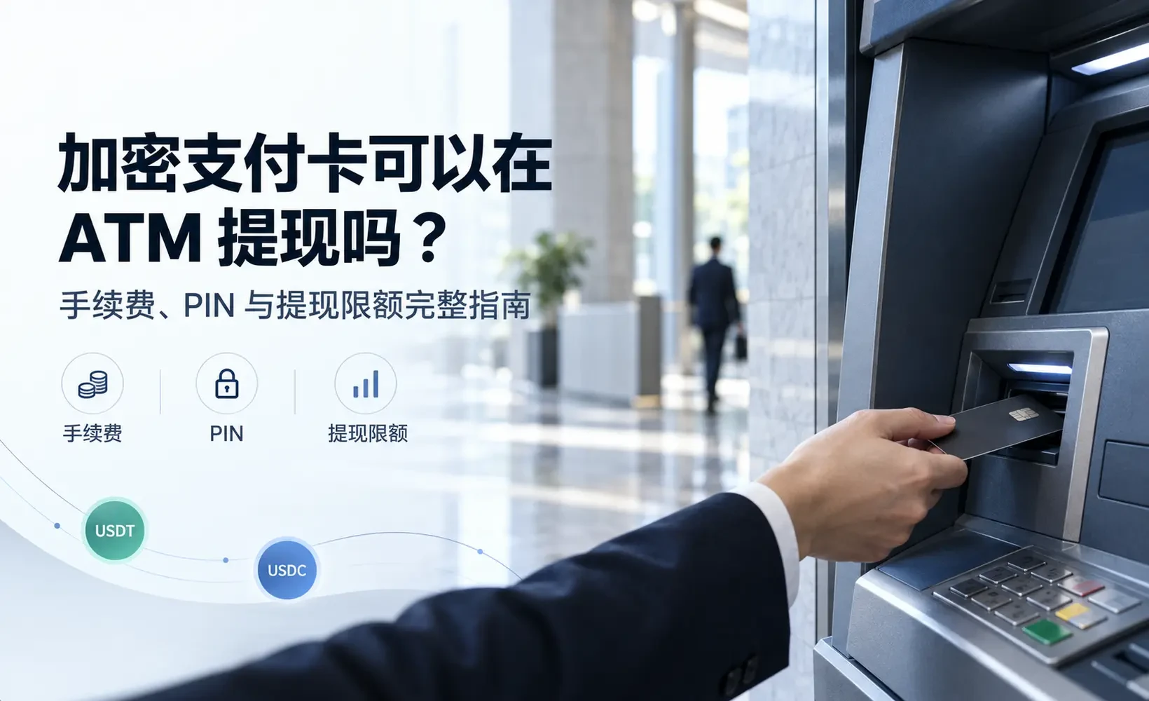 加密支付卡 ATM 提现示意图,用户使用银行卡在 ATM 取现,展示 USDT、USDC、手续费、PIN 与提现限额主题