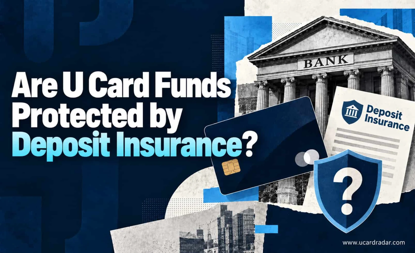Concept image of U Cards and deposit insurance, showing a bank card and an insurance shield
