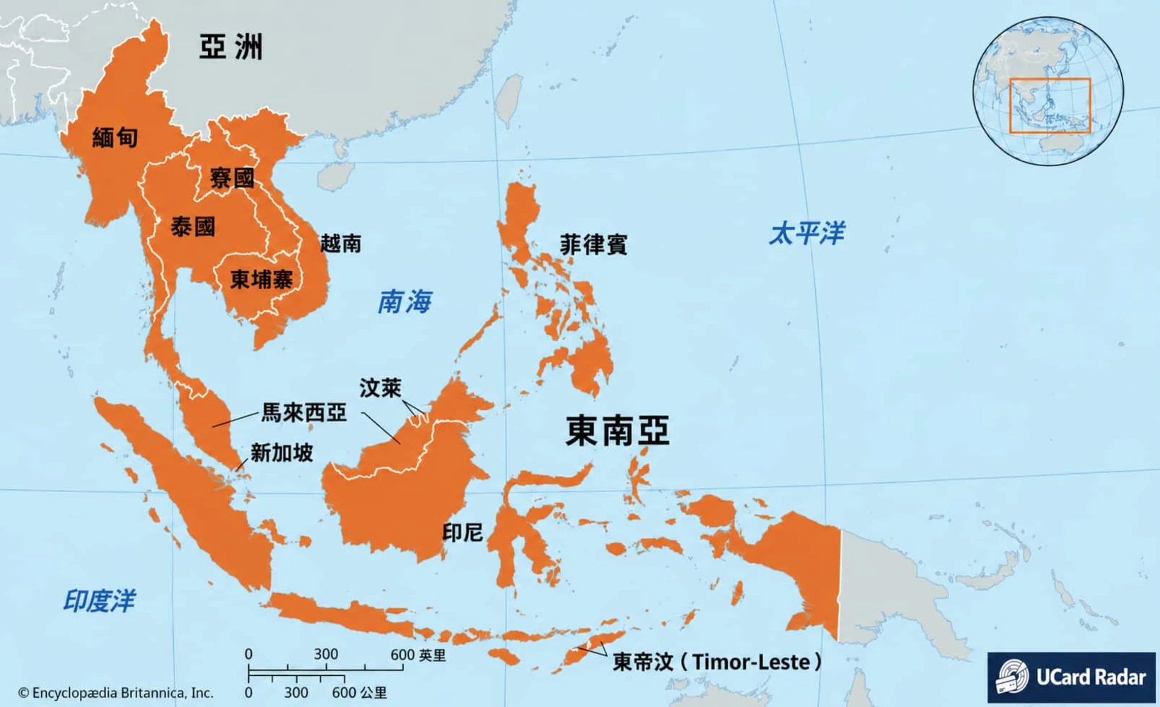 東南亞地圖與加密支付卡圖示